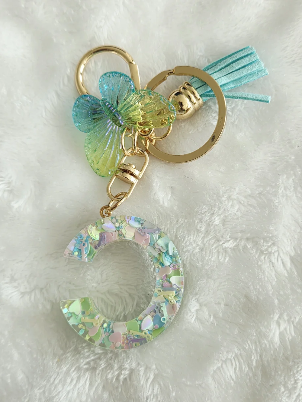 Sparkling Aqua Letter C Keychain with Tassel & Butterfly Bag Charm